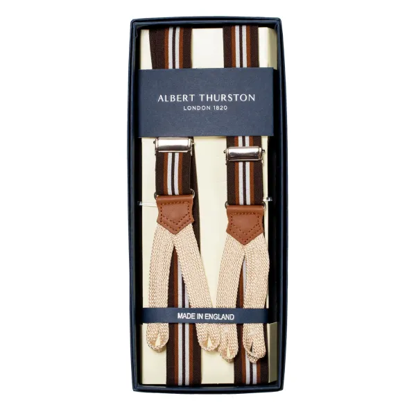 Albert Thurston Brown Striped Elastic Suspenders To Button