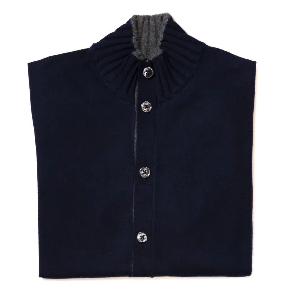 Cesare Attolini Dark Blue Cardigan "Bicolor Bomber Rib" With Stand-Up Collar Made Of P