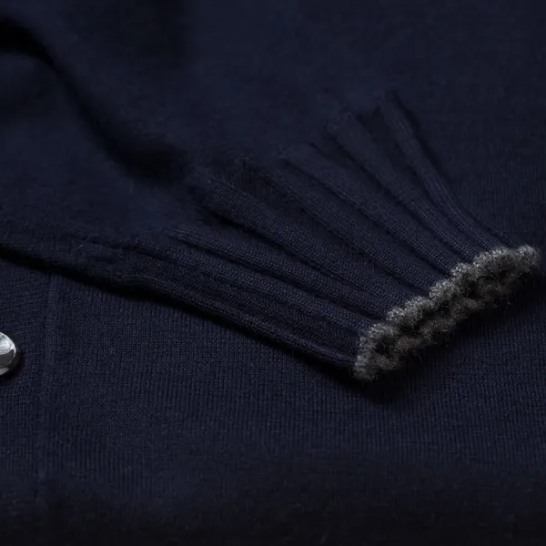 Cesare Attolini Dark Blue Cardigan "Bicolor Bomber Rib" With Stand-Up Collar Made Of P