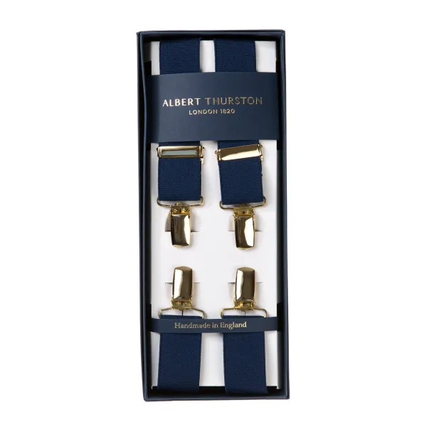 Albert Thurston Dark Blue Elastic Pants Straps "X Back Gold" With Clips