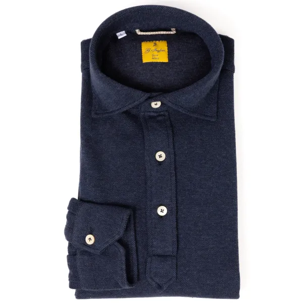 G. Inglese Dark Blue Polo Shirt "Jfk" Made Of Cotton And Cashmere - Purely Handcr