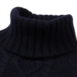 William Lockie Dark Blue Turtleneck Sweater "Alain Aran-Cable" Made Of 6 Ply-Lambswoo