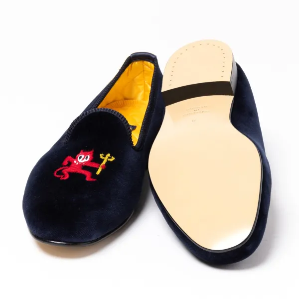 Bowhill u0026 Elliott Dark Blue Velvet Loafers "Little Red Devil" With Leather Sole - Handma