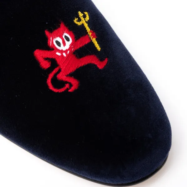 Bowhill u0026 Elliott Dark Blue Velvet Loafers "Little Red Devil" With Leather Sole - Handma
