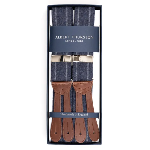 Albert Thurston Denim Blue Braces "Dugdale Chalkstripe-Flannel" With Buttons