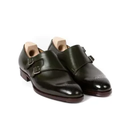 Saint Crispin's Double Monk "Parallel Straps" Made Of Moss Green Calfskin - Purely Han