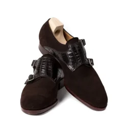 Saint Crispin's Double Monk "Saddle-Croc" Made Of Dark Brown Suede - Purely Handcrafte