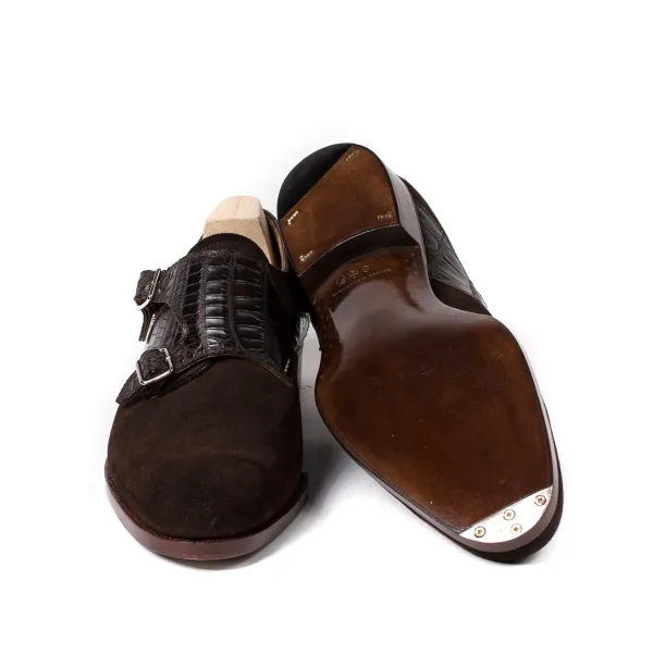Saint Crispin's Double Monk "Saddle-Croc" Made Of Dark Brown Suede - Purely Handcrafte