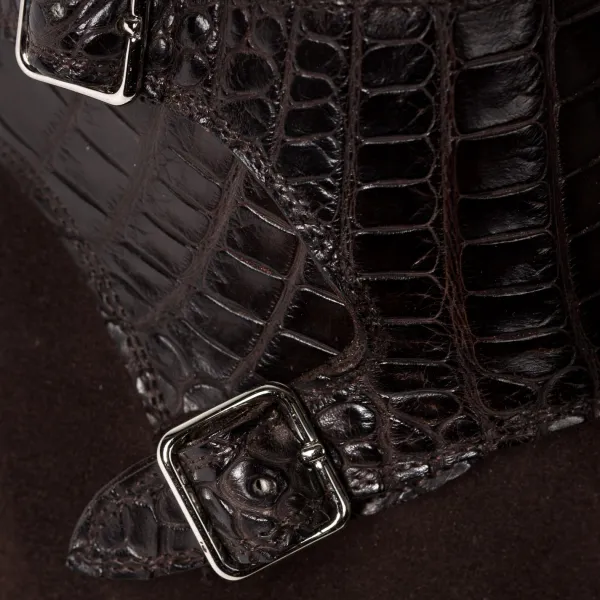Saint Crispin's Double Monk "Saddle-Croc" Made Of Dark Brown Suede - Purely Handcrafte