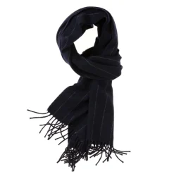 Fox Brothers X Mj: Dark Blue Scarf "Fox Pin-Stripe" Made Of Cashmere A