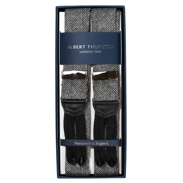 Albert Thurston Gray Braces "Shetland-Tweed" In Herringbone Pattern To Button