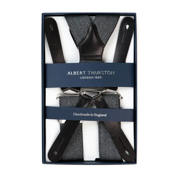Albert Thurston Grey Braces "Gangs Of New York" With Herringbone Pattern And Buttons
