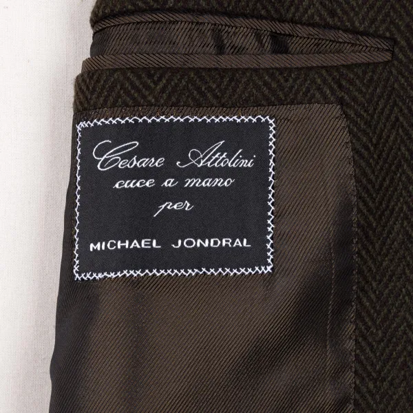 Cesare Attolini Jacket "Green Herringbone Gent" Made Of Pure Merino Wool By Fox Brothe
