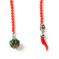 Barbarulo Napoli Laple Chain "Jade & Corail Flower" Made Of Lapis Lazuli, Coral And Ste
