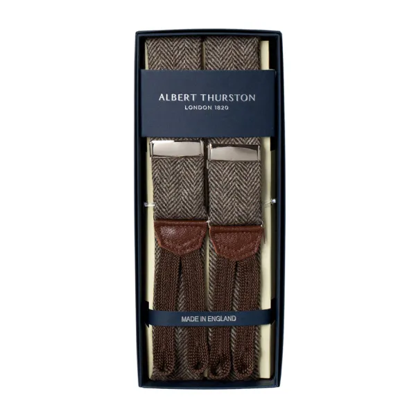 Albert Thurston Light Brown Suspenders With Herringbone Pattern To Button