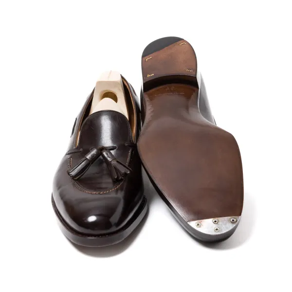 Saint Crispin's Loafer "Short Vamp Tassel" In Dark Brown Calfskin - Hand Dyed