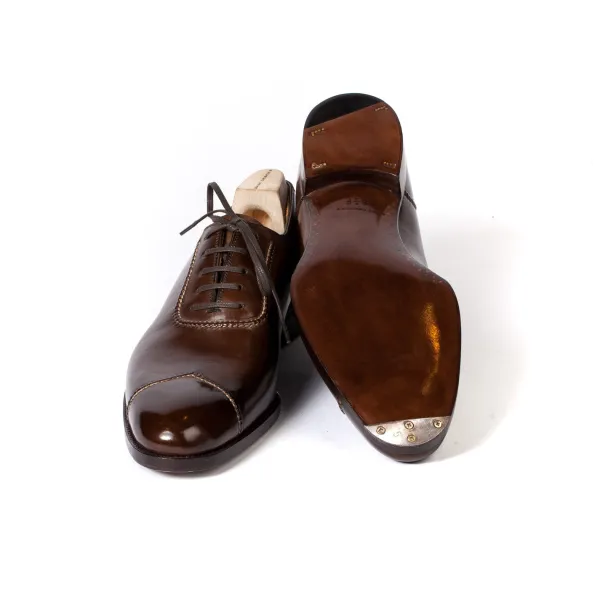 Saint Crispin's Oxford "Handsewn Cap" Made Of Brown Calfskin - Hand-Colored
