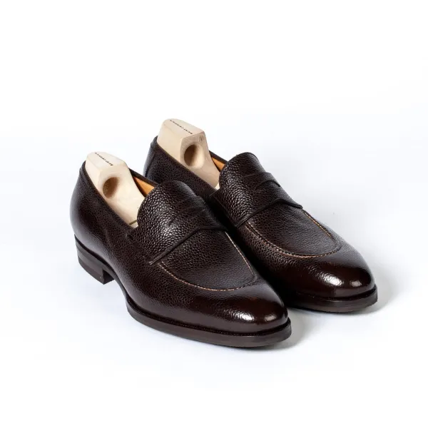 Saint Crispin's Penny Loafer Made Of Dark Brown Scotch Grain Calfskin - Hand-Polished