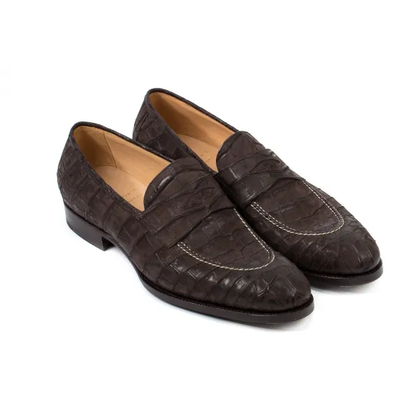 Saint Crispin's Pennyloafer "Dress" Made Of Dark Brown Croc-Suede - Purely Handcrafted