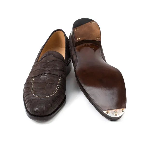 Saint Crispin's Pennyloafer "Dress" Made Of Dark Brown Croc-Suede - Purely Handcrafted