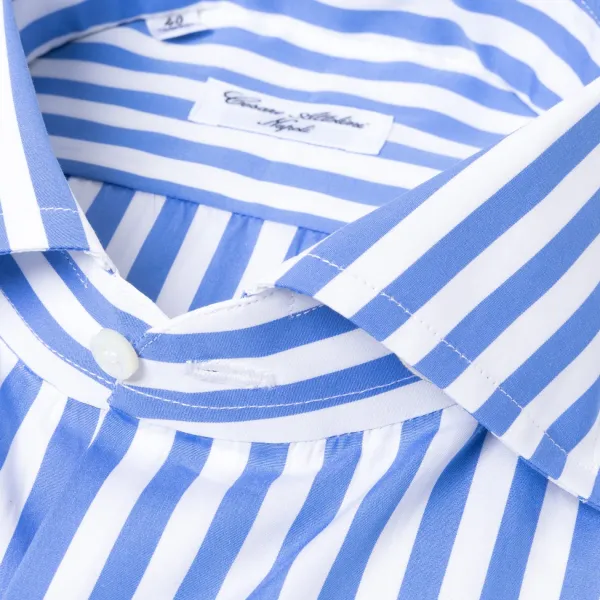 Cesare Attolini Pure Cotton Striped Shirt "Cielo Azzurro" From Alumo - Collo Tom