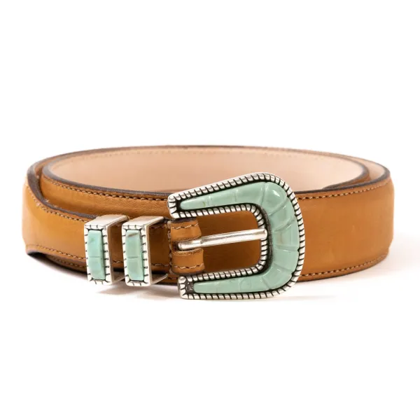 Silver Ostrich X Mj: Western Belt "Colorado" Made Of Light Brown Calfs